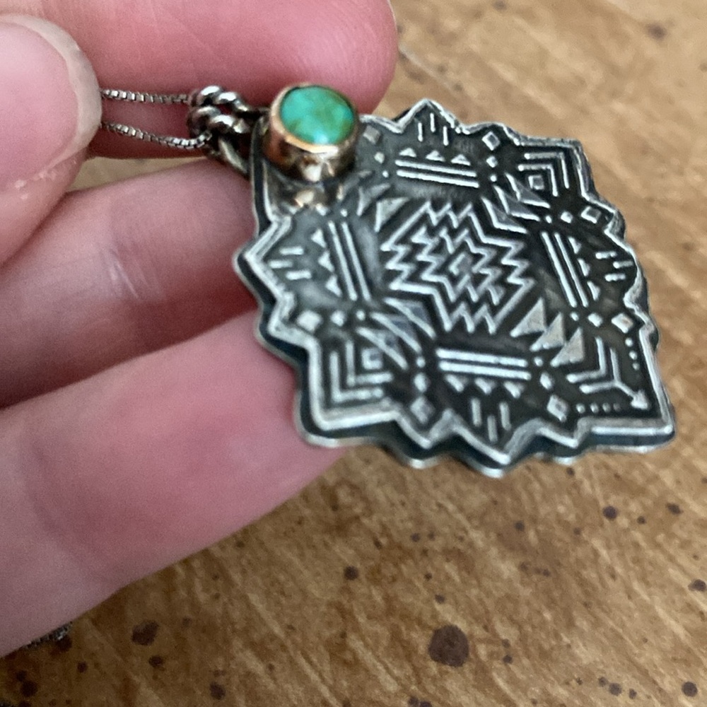 Artisan Silver Geometric Pendant Necklace with Turquoise and Gold Accent